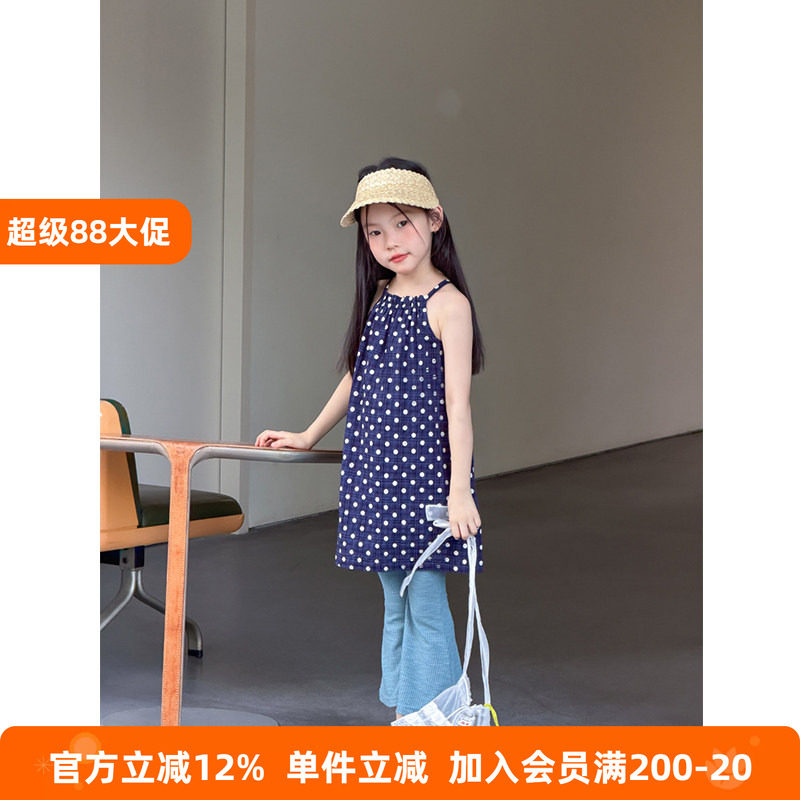 BEIFU贝芙 女童夏季薄款复古波点挂脖裙儿童韩版休闲舒适连衣裙子