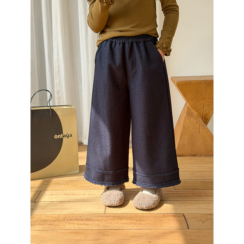 BEIFU贝芙 女童冬季休闲花边直筒牛仔裤儿童韩版加绒加厚阔腿裤子