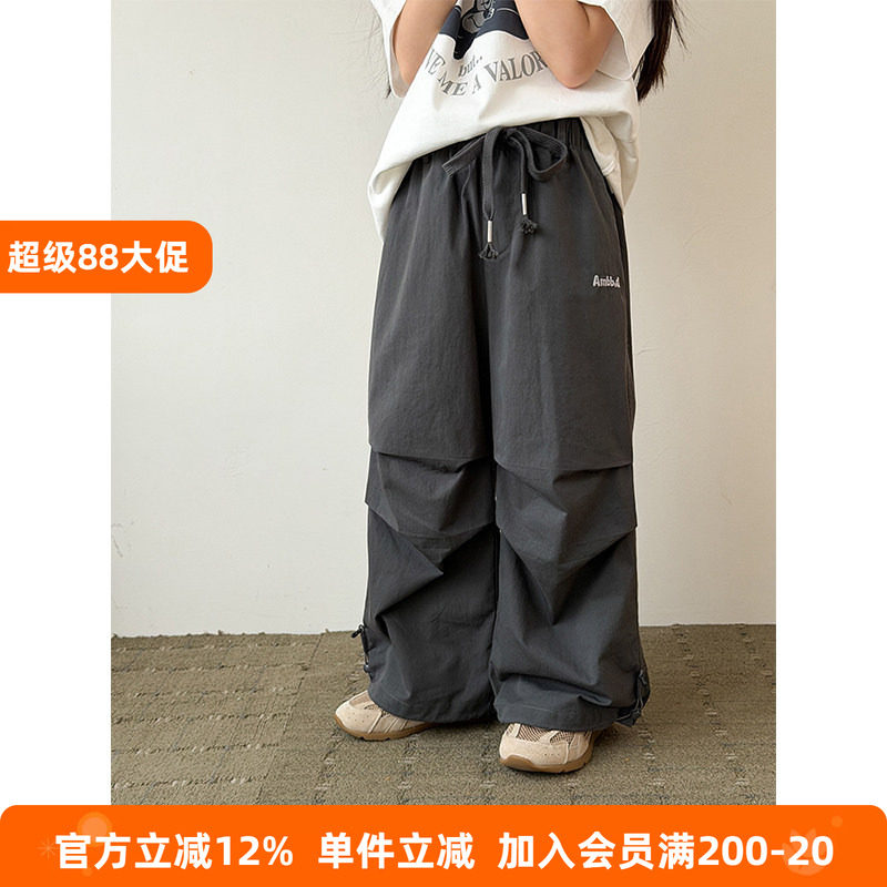 BEIFU贝芙 女童春秋装休闲字母褶皱工装阔腿裤儿童韩版宽松直筒裤