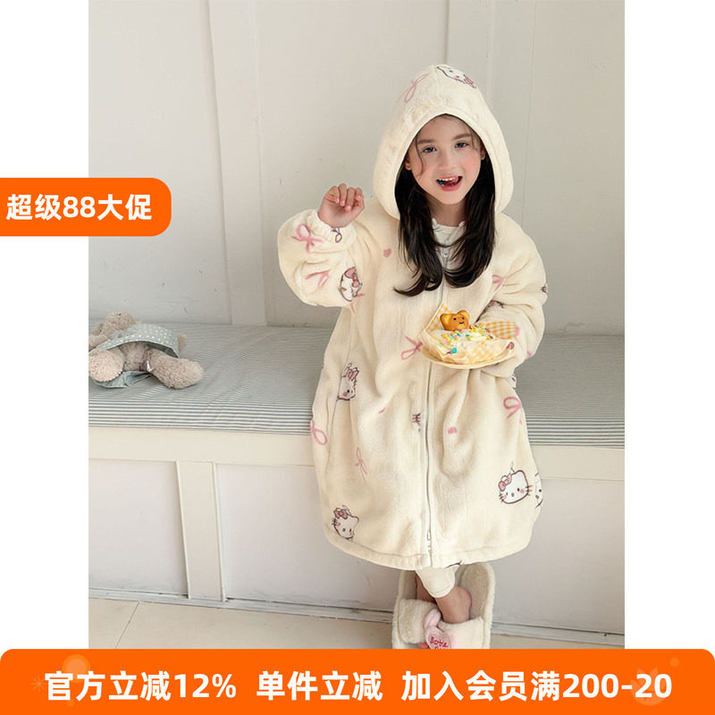 BEIFU贝芙 儿童冬季珊瑚绒连帽睡袍女童软糯保暖家居服毛绒睡裙潮