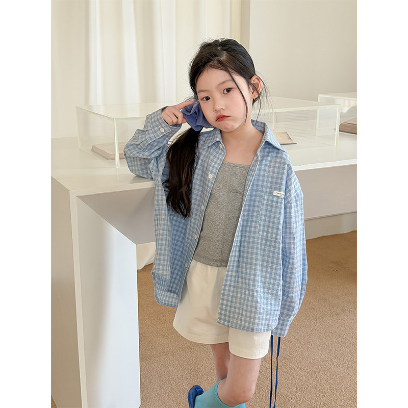 BEIFU贝芙 儿童春夏全棉休闲格子衬衫女童韩版洋气宽松防晒衣外套