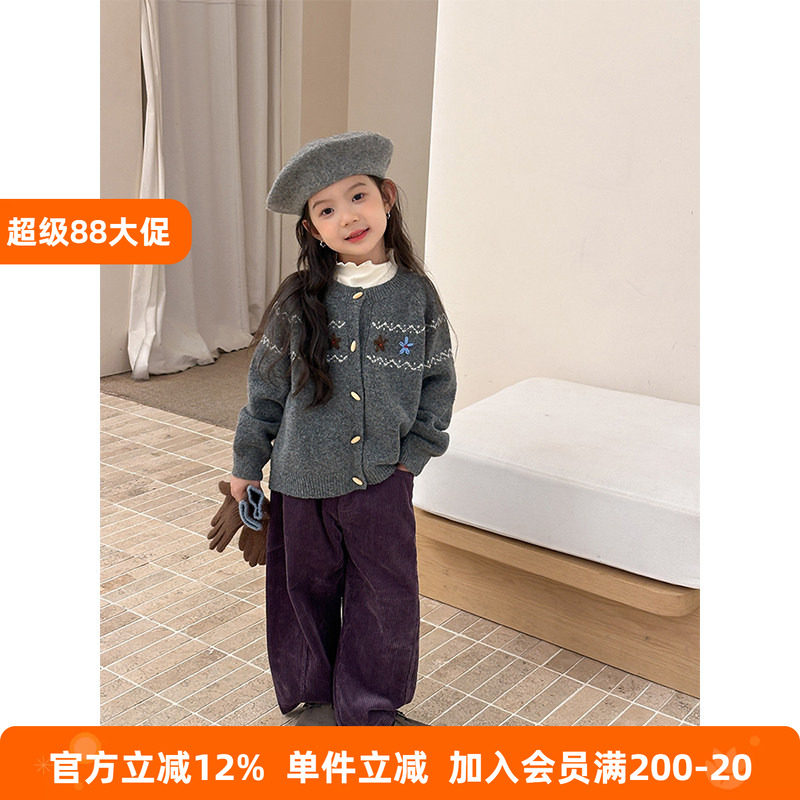 BEIFU贝芙女童含羊毛针织毛衣儿童韩版宽松小花开衫上衣春秋外套