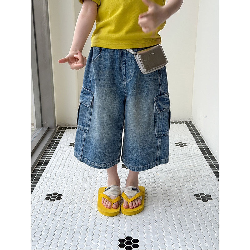 BEIFU贝芙 儿童春夏装工装口袋牛仔七分裤女童韩版磨白阔腿休闲裤