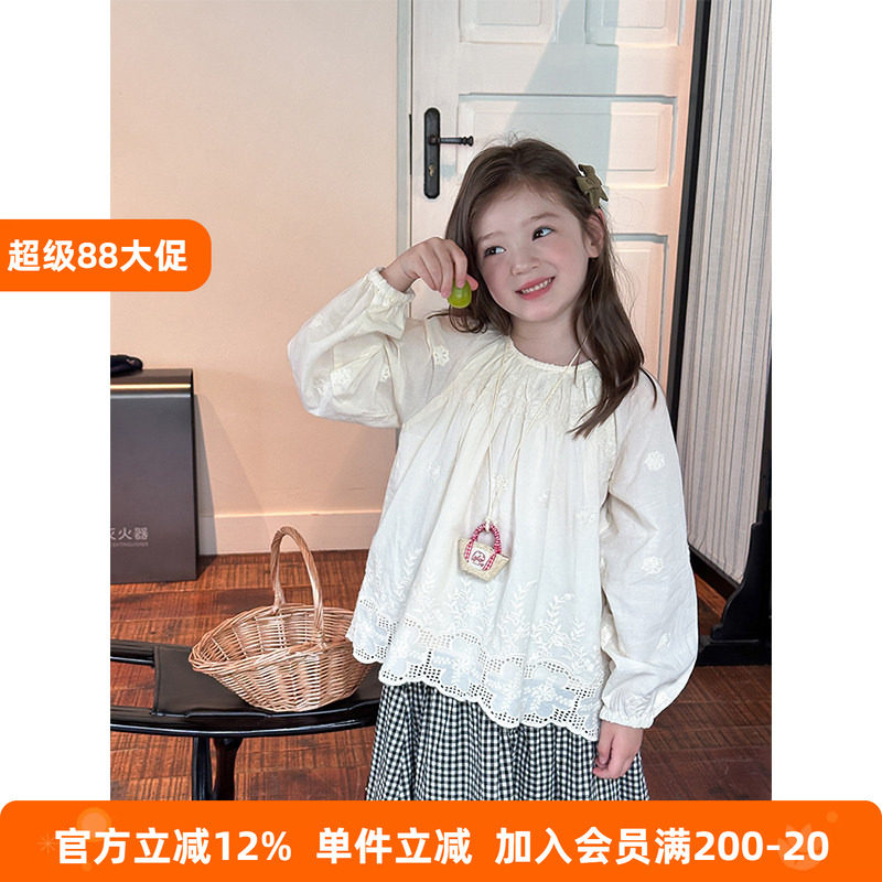 BEIFU贝芙 女童韩版气质纯棉刺绣花朵娃娃衫儿童春秋洋气百搭衬衫