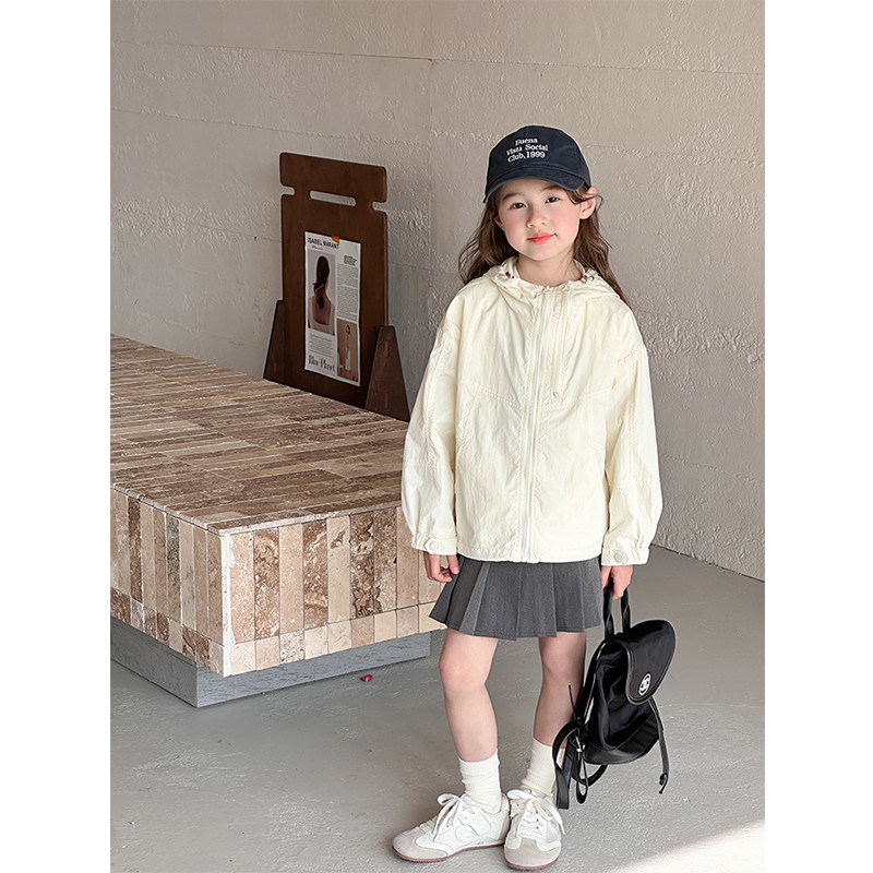 BEIFU贝芙 中大儿童春季连帽拉链纯色外套女童薄款休闲宽松防晒衣