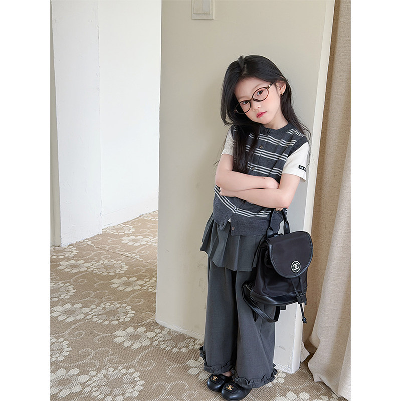 BEIFU贝芙 儿童春夏装时髦条纹坎肩背心女童韩版撞色无袖针织马甲