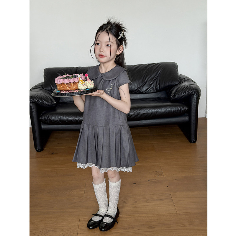 BEIFU贝芙 女童夏季时髦精致蕾丝边百褶连衣裙儿童韩系中长款裙子