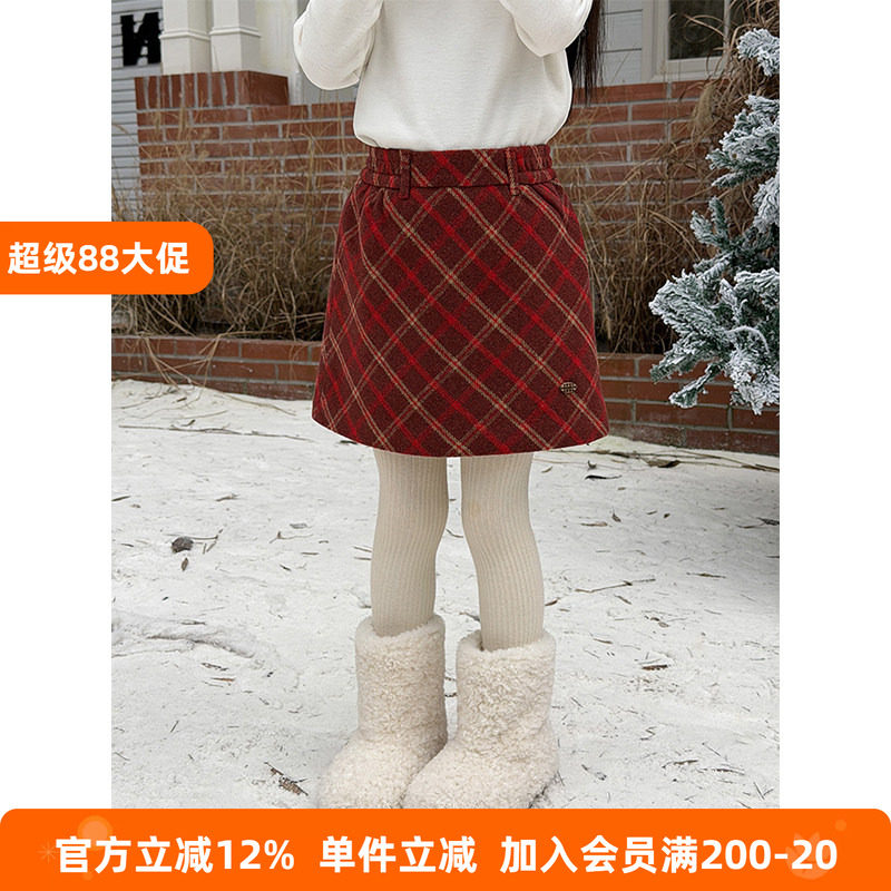 BEIFU贝芙 女童冬季夹棉加厚百搭格纹半身裙儿童洋气保暖毛呢短裙