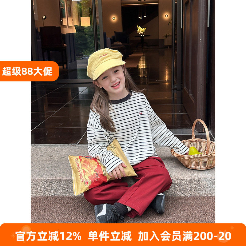 BEIFU贝芙 儿童春秋休闲纯棉条纹打底衫女童韩版百搭撞色长袖T恤