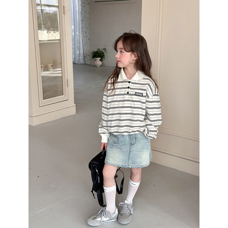 BEIFU贝芙 儿童韩版字母条纹翻领POLO打底衫女童春秋休闲长袖T恤