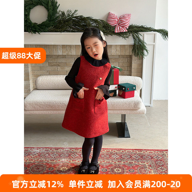 BEIFU贝芙 女童冬季含羊毛新年毛呢背心裙儿童韩版加厚保暖连衣裙