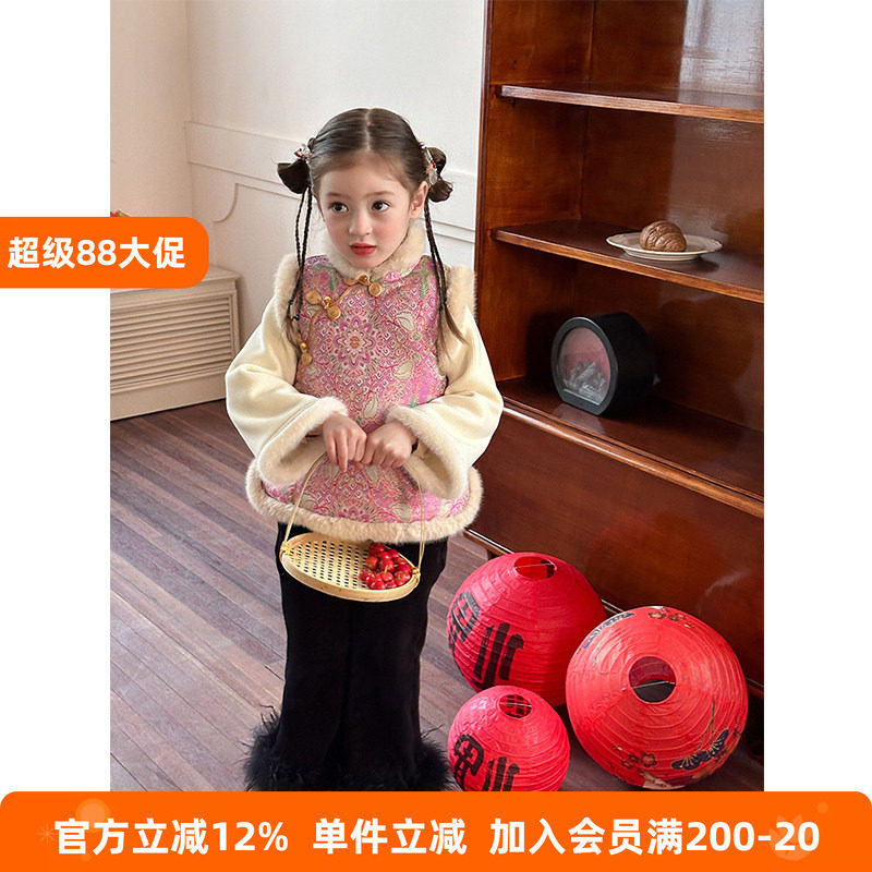 BEIFU贝芙 女童加绒加厚提花盘扣旗袍马甲儿童冬季保暖背心外套潮