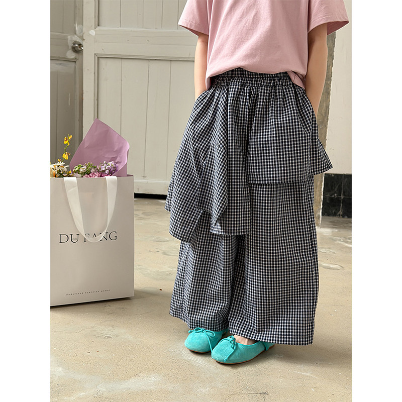 BEIFU贝芙 女童夏季休闲纯棉格子屁帘阔腿裤儿童不规则假两件裙裤
