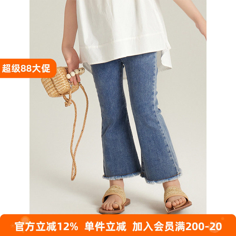 BEIFU贝芙 女童夏季洋气毛边牛仔喇叭裤儿童韩版休闲微喇九分裤子