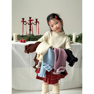 BEIFU贝芙 女童冬季中领加厚花边领毛衣儿童韩版半高领针织打底衫