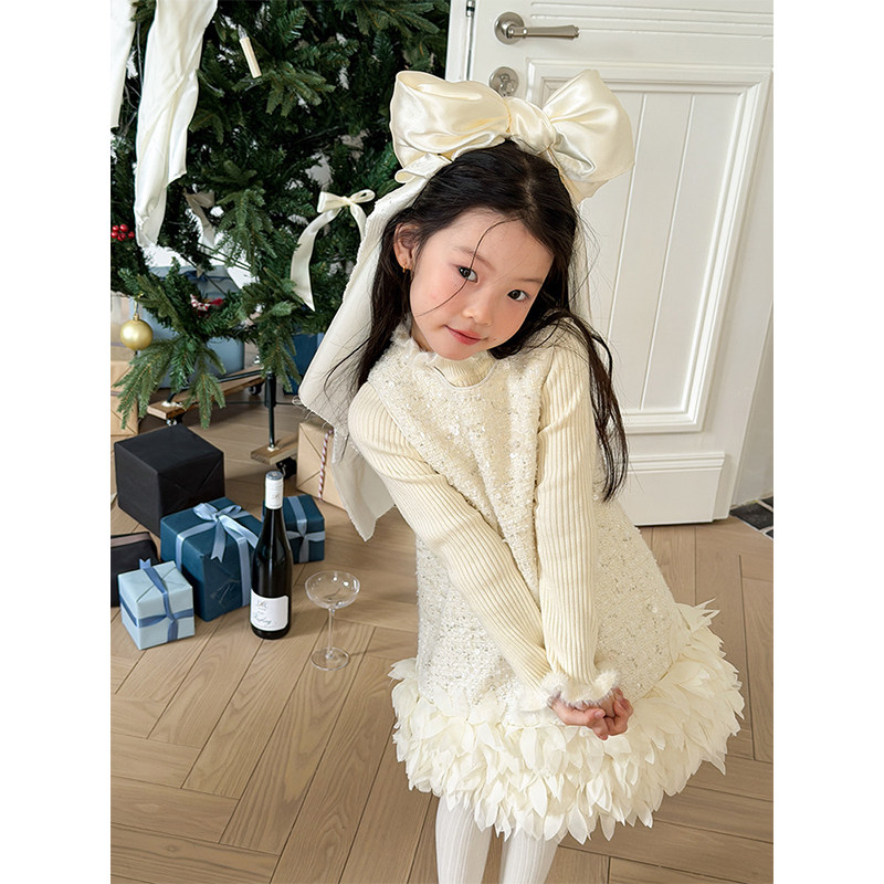 BEIFU贝芙 女童亮晶晶珠片礼服连衣裙儿童小香风花朵羽毛背心裙子