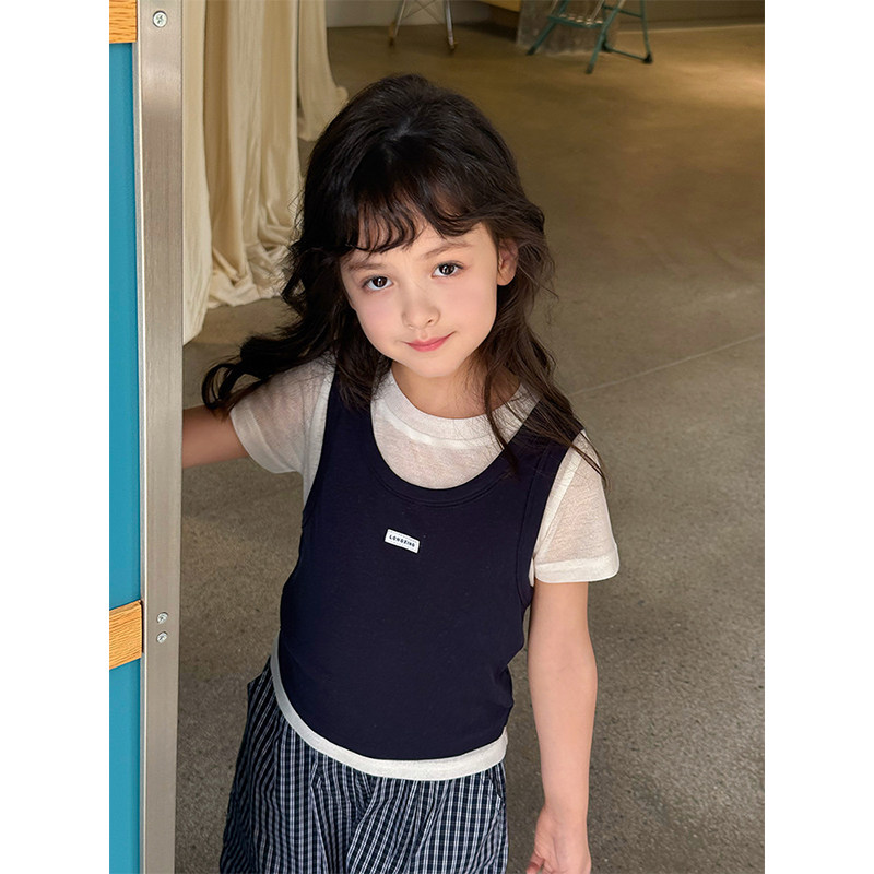 BEIFU贝芙 女童夏装时髦字母贴标短袖T恤儿童韩版撞色假两件上衣