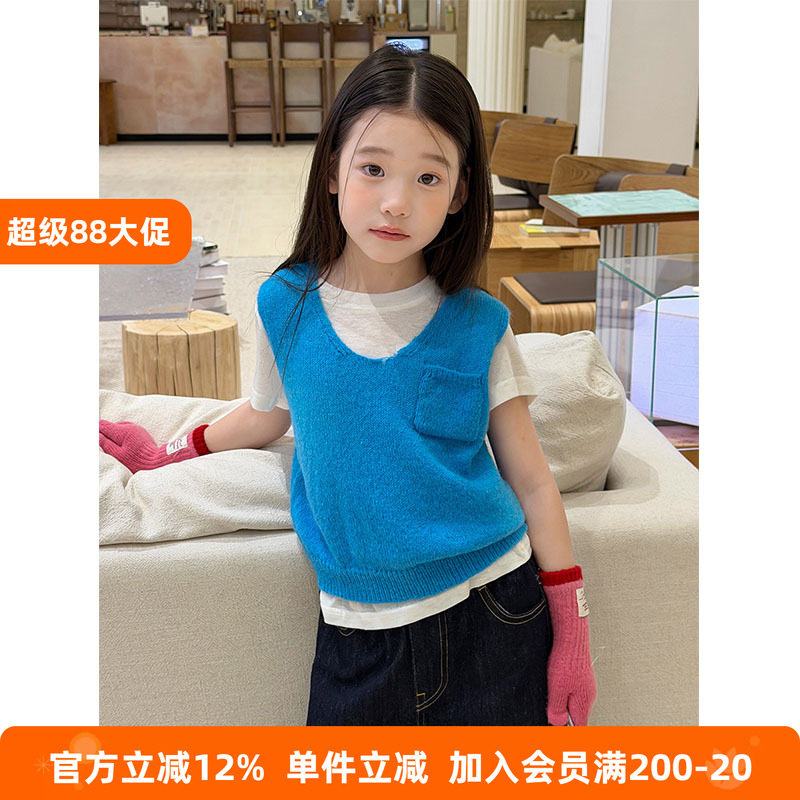 BEIFU贝芙 女童V领羊毛混纺针织背心儿童简约百搭叠穿马甲上衣秋
