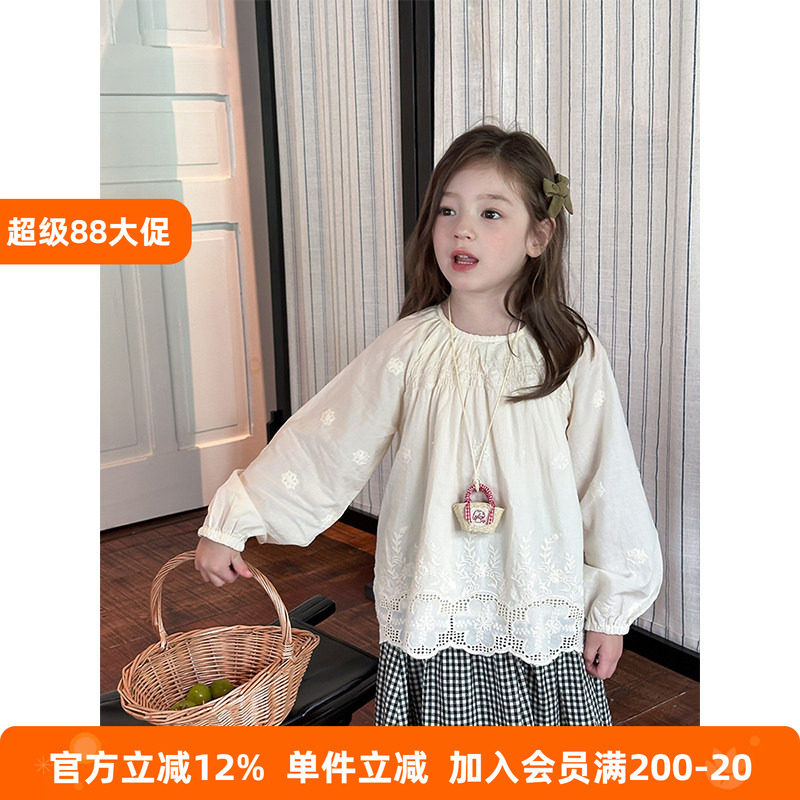 BEIFU贝芙 女童秋装纯棉刺绣花朵衬衫儿童百搭公主娃娃衫甜美衬衣