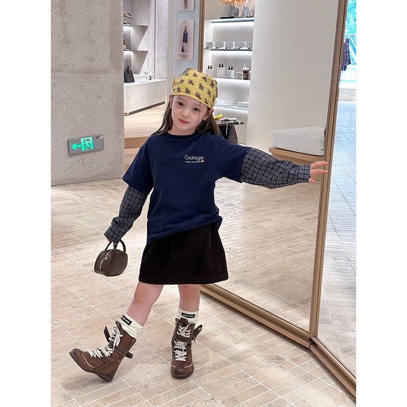 BEIFU贝芙 儿童春秋装卡通字母假两件长袖T恤女童全棉格子打底衫