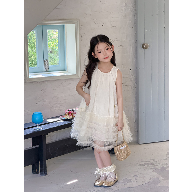 BEIFU贝芙 女童夏季甜美精致网纱蛋糕背心裙儿童肌理感无袖连衣裙