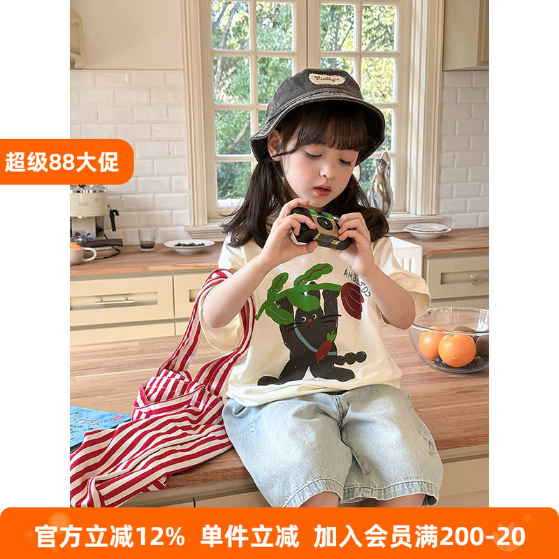 BEIFU贝芙 儿童夏季时髦纯棉卡通短袖T恤女童韩版宽松百搭打底衫