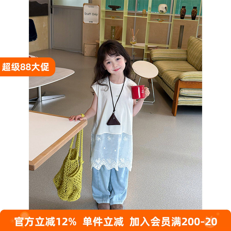 BEIFU贝芙 女童夏季蕾丝拼接背心儿童韩版中长款叠穿字母无袖T恤