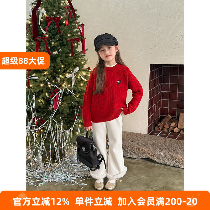 BEIFU贝芙 儿童冬季加厚百搭麻花针织衫女童韩版休闲刺绣爱心毛衣