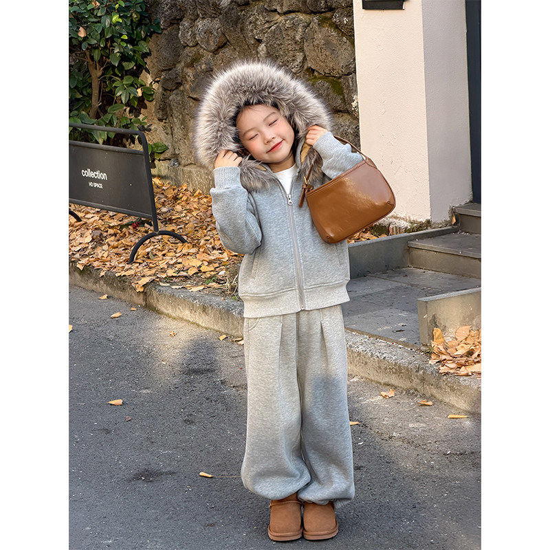 BEIFU贝芙 女童冬季加绒可拆卸毛领卫衣卫裤儿童加厚保暖连帽套装