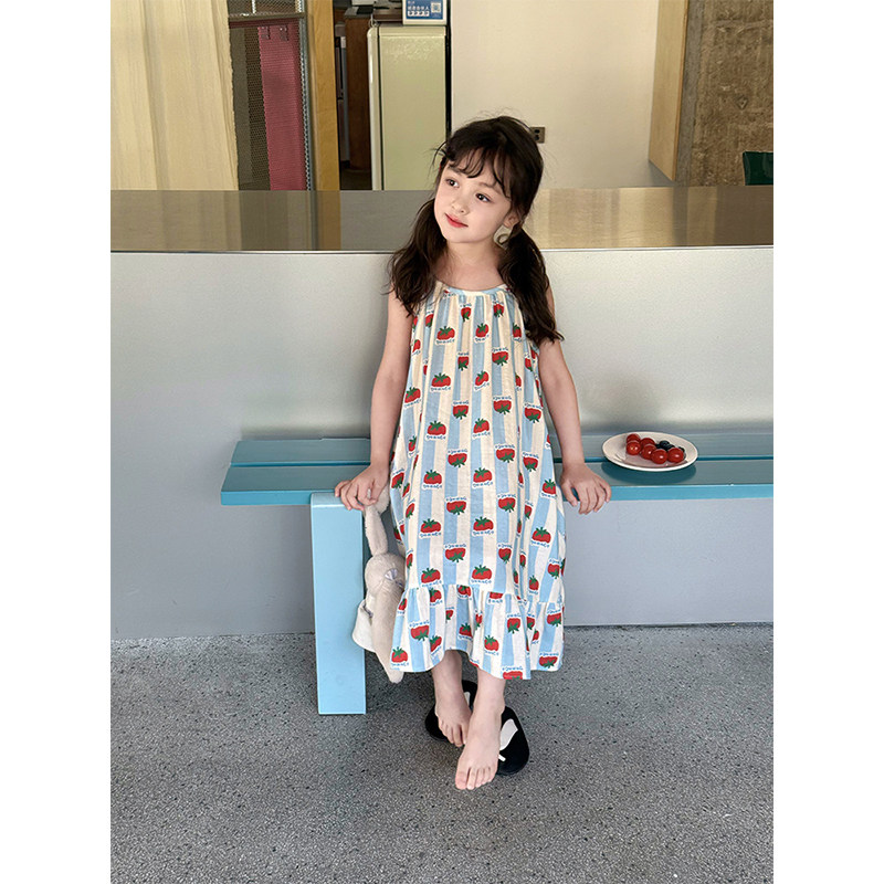 BEIFU贝芙 女童全棉满印小番茄家居服吊带裙儿童中长款拼接睡裙夏