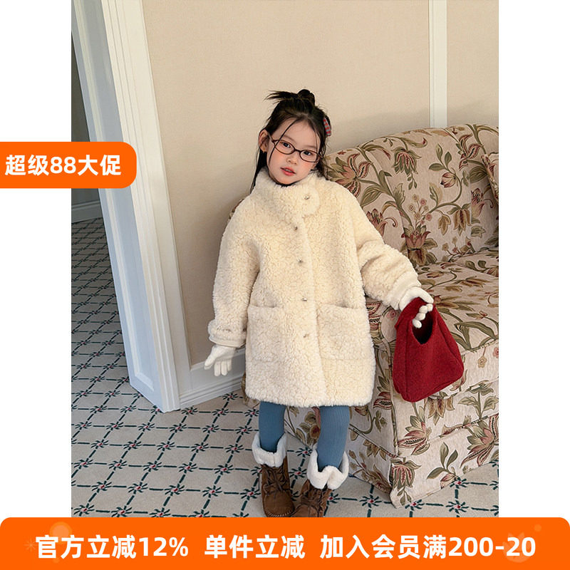 BEIFU贝芙 女童皮毛一体抗寒保暖中长款毛毛外套儿童冬季加厚大衣