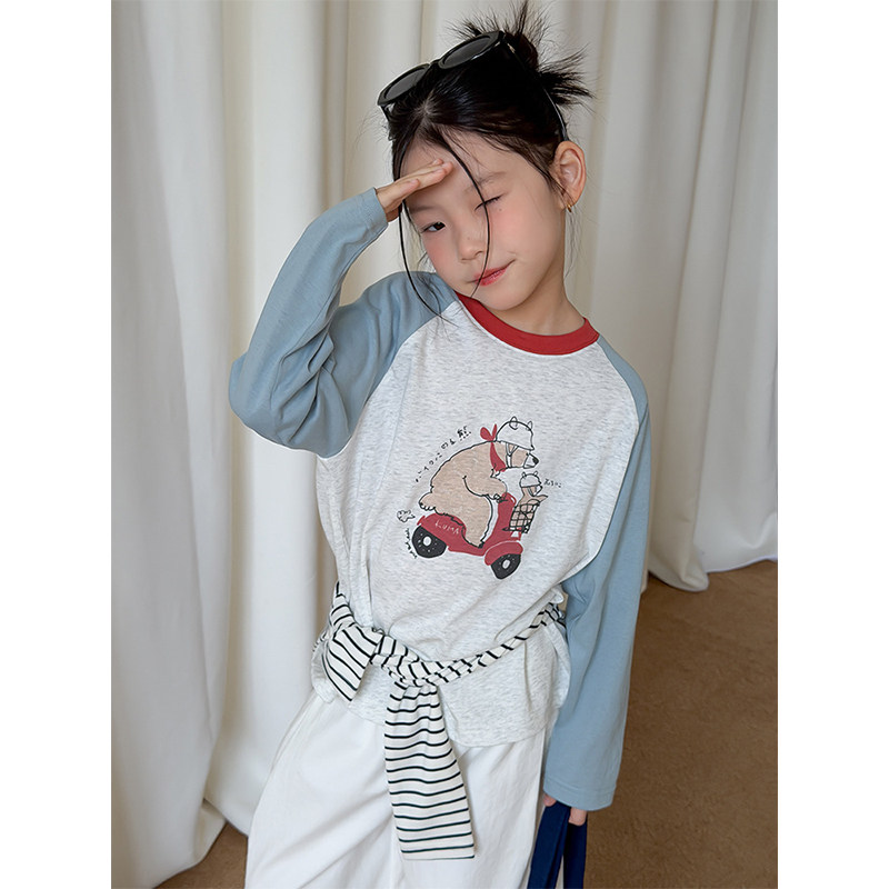 BEIFU贝芙 儿童春秋装洋气卡通长袖T恤女童韩版撞色插肩袖打底衫