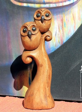 泰国手工木雕创意摆件猫头鹰萌物装饰客厅电视柜装饰结婚节日礼品