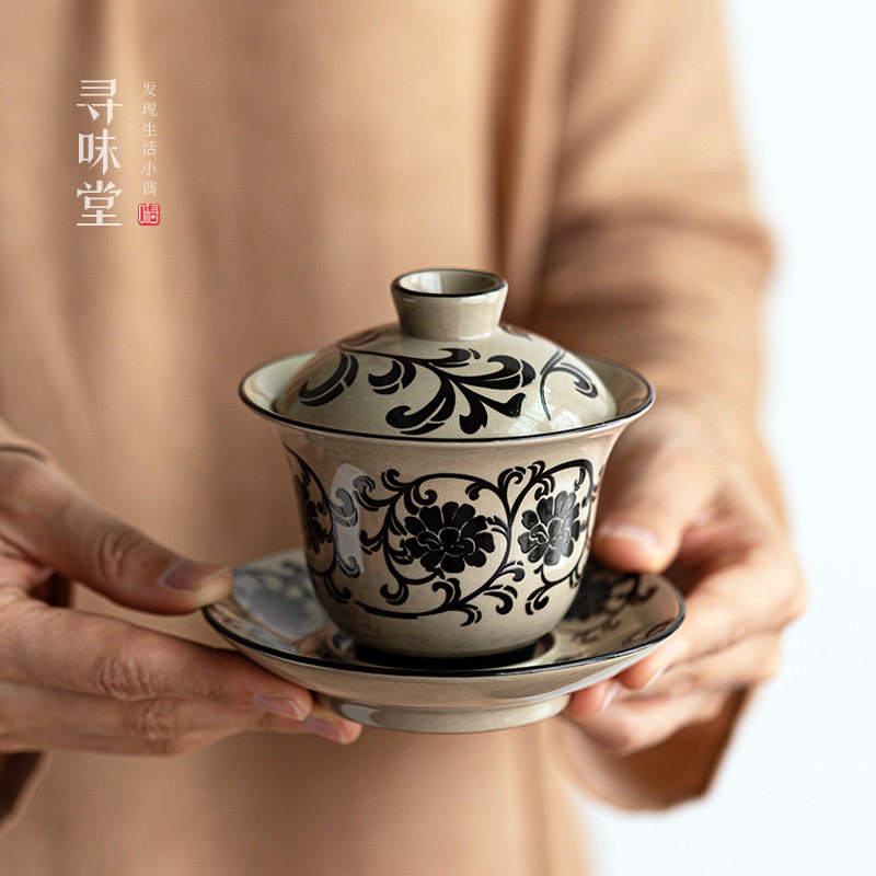民窑雕花盖碗复古风磁州窑三才茶碗青灰釉陶瓷家用中式功夫茶具