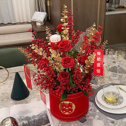 婚房花艺摆件仿真花红色喜庆新房客厅摆设花婚礼插花装饰抱抱桶