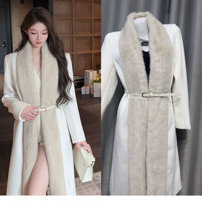 FairyJiang环保水貂毛领白色仿羊绒大衣女冬中长款毛呢外套含皮带