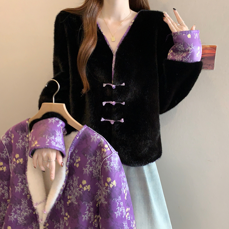 实拍2025秋冬新款大码女新中式国风盘扣水貂绒皮毛一体双面穿外套