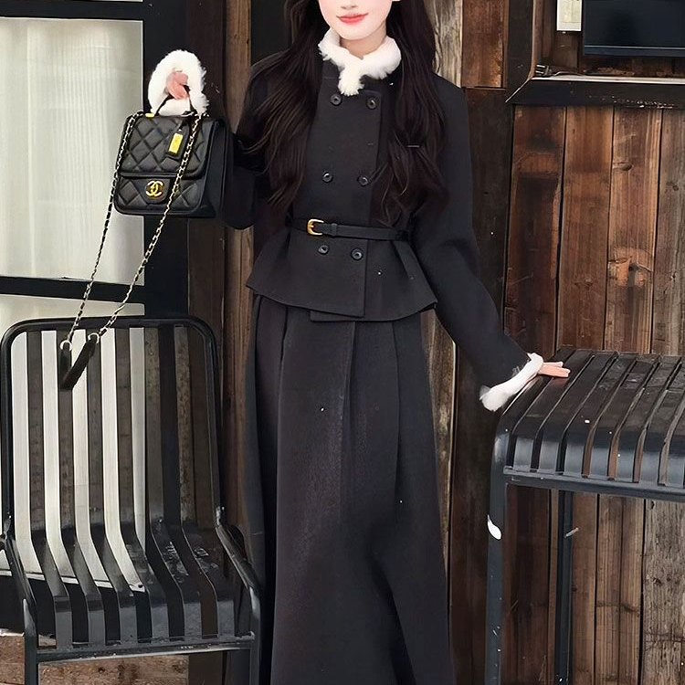 韩系富家千金小香风套装女秋冬高级感穿搭双排扣外套半身裙两件套