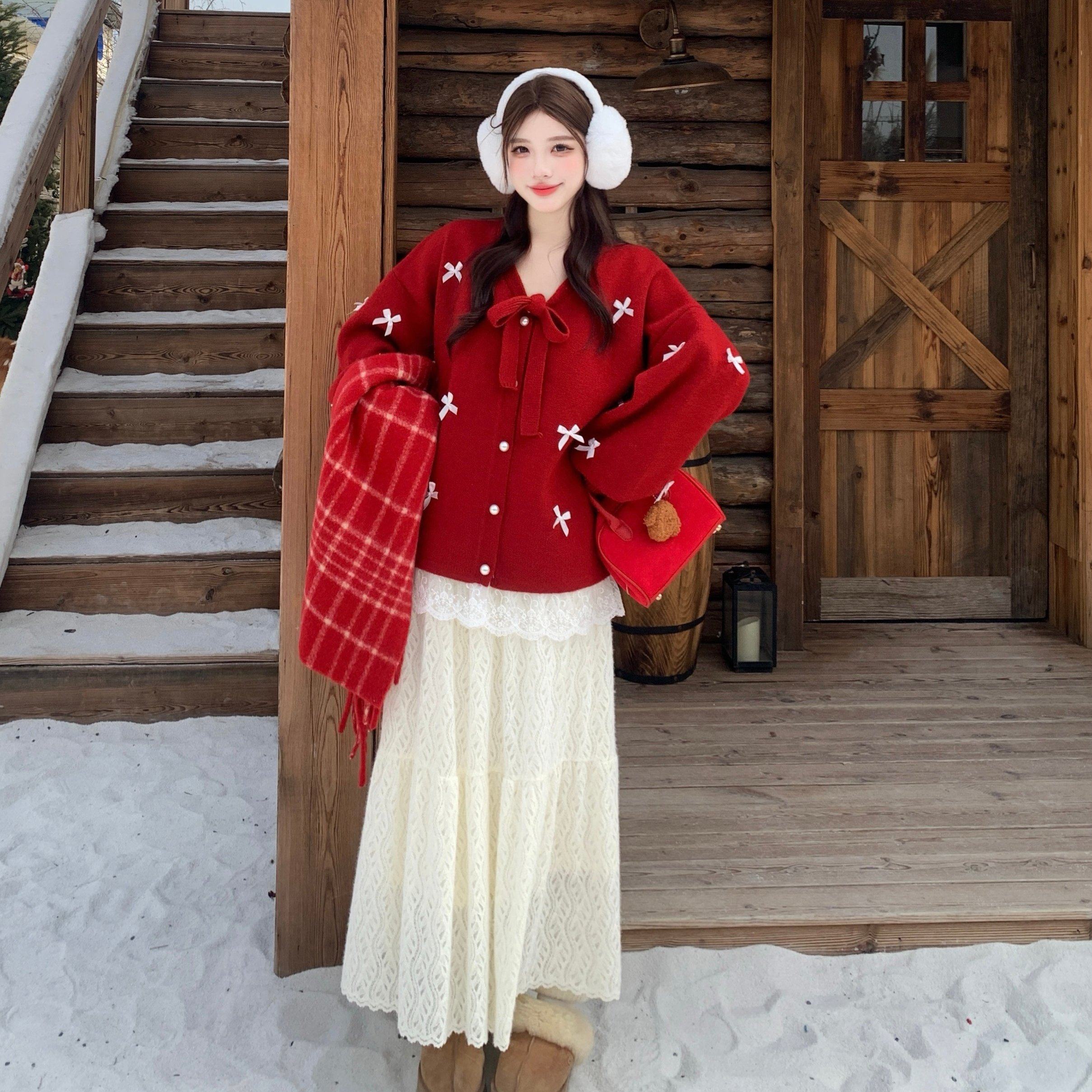 2025超火穿搭一整套大码胖mm蝴蝶结毛衣开衫半身裙巨好看两件套装