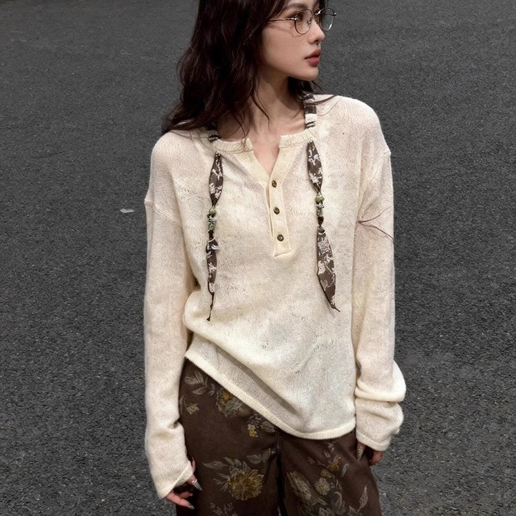 韩系白色内搭系带v领长袖针织衫女巨好看的早秋轻熟穿搭打底上衣