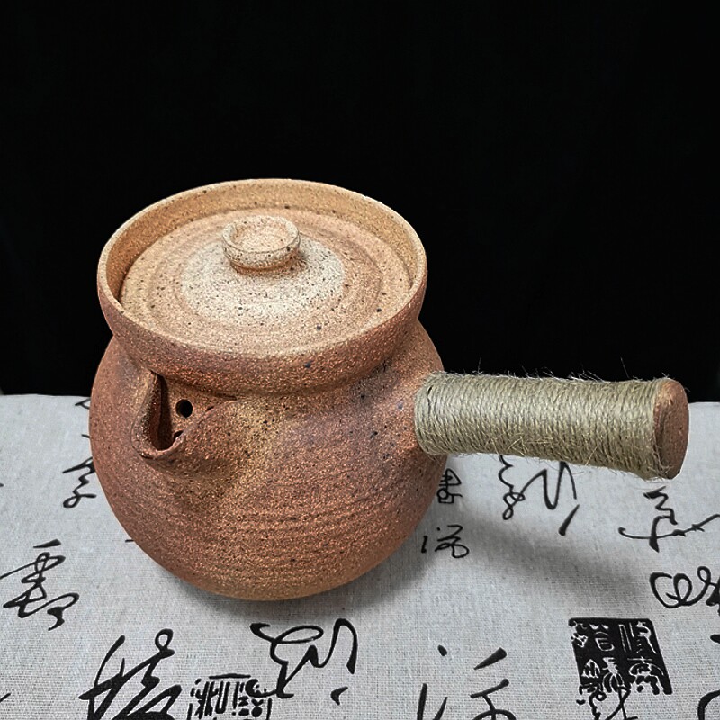 云南土陶煮茶罐子碳炉粗陶炕茶罐全手工柴烧带盖子侧把复古田园风