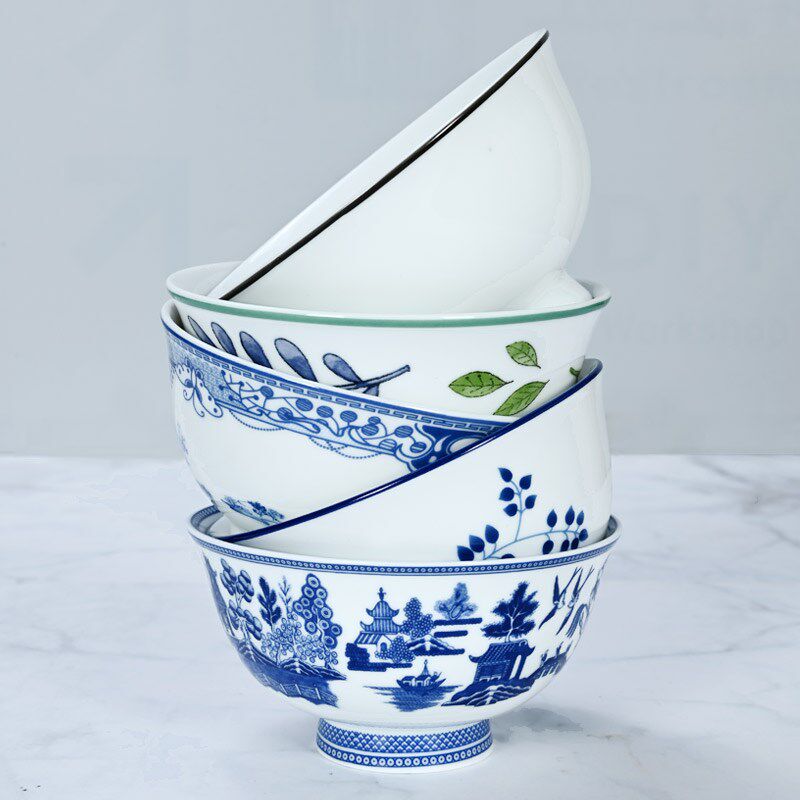 三环陶瓷陶釉中彩米饭碗中式欧式高档高脚家用饭碗6个装