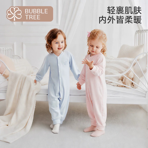 bubbletree婴儿偏襟连体衣蚕丝羊绒爬服新生儿秋冬款衣服宝宝哈衣