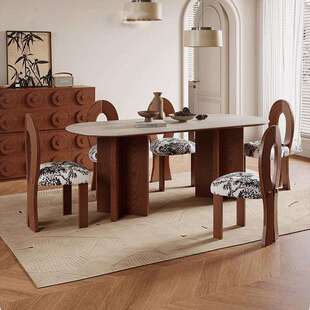 丹梵斯法式餐桌家用小户型岩板餐桌椅组合椭圆形饭桌实木洞石餐桌