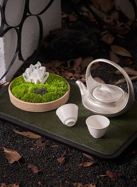 邸高家居样板房客厅茶几小绿植青苔摆件茶台银色茶具软装氛围摆件