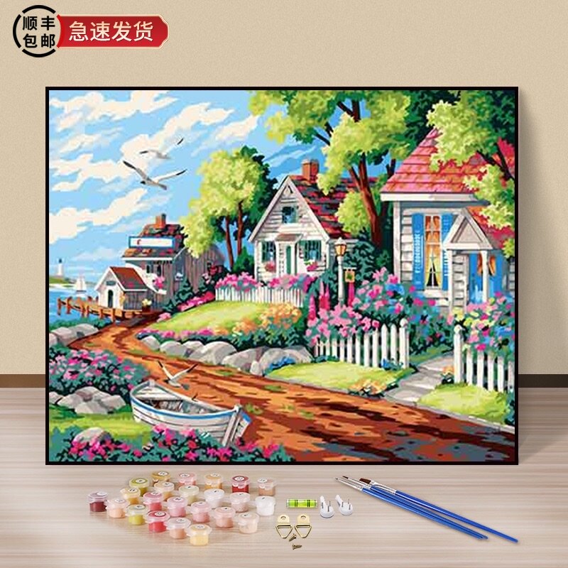 新款diy数字油画地中海风景填色油彩画客厅手绘装饰画蓝色爱情海