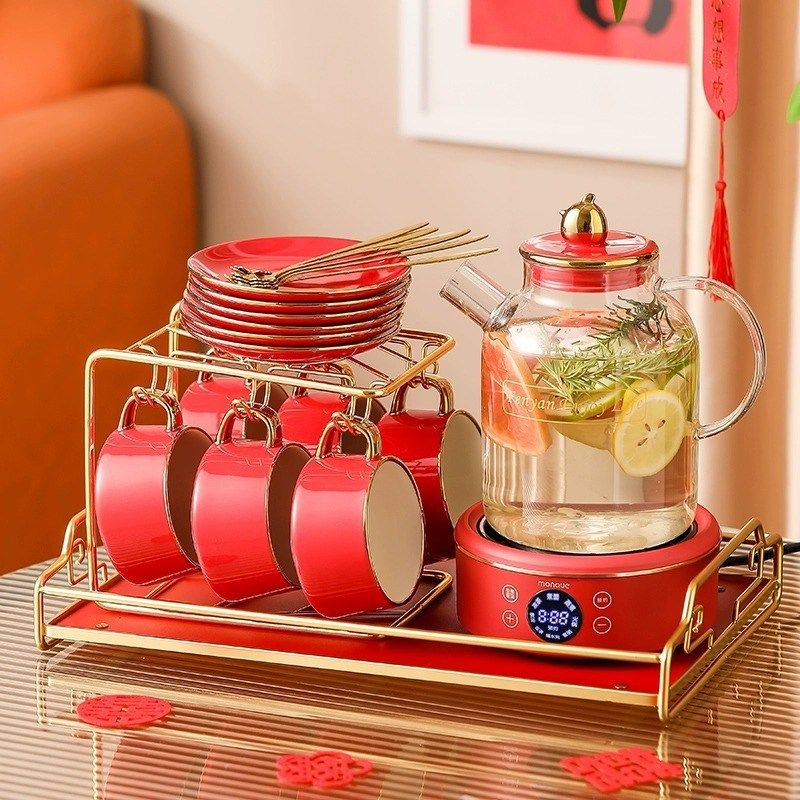喜庆红色结婚订婚乔迁新年春节养生壶茶具茶壶杯子煮茶器套装礼盒
