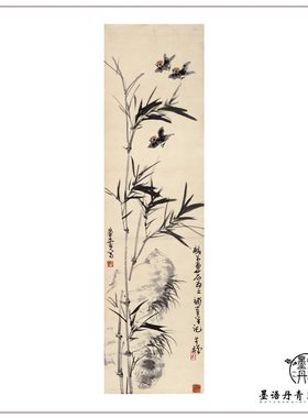 1:1近代李苦禅 竹雀图 国画水墨画竹子花鸟立轴客厅玄关装饰画
