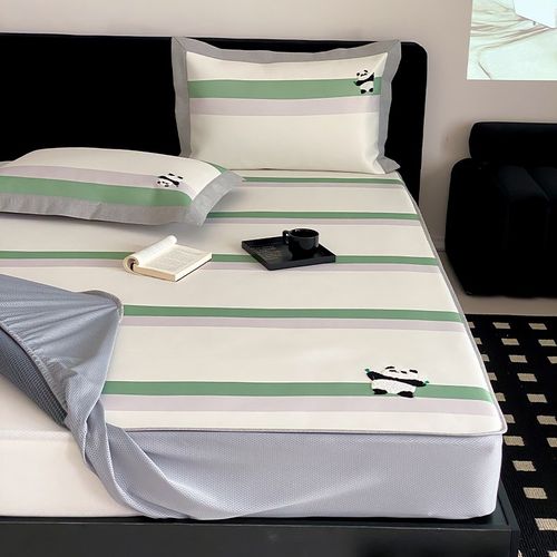 熊猫墩墩绿色条纹A类冰丝凉席三件套夏季可水洗折叠空调席床笠