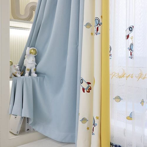 现代地中海英伦风棉麻儿童房卧室飘窗短帘卡通男孩宇航员遮光窗帘